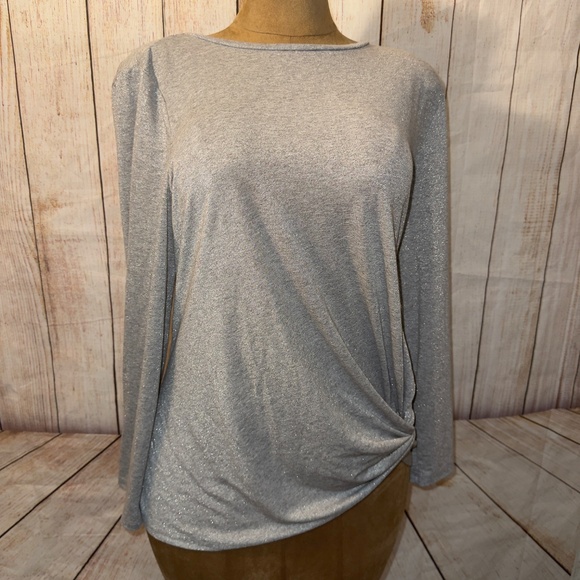 Ann Taylor Grey & Silver Sparkle Top, Side Knot TShirt, Long Sleeve, Women’s XL - Picture 2 of 13